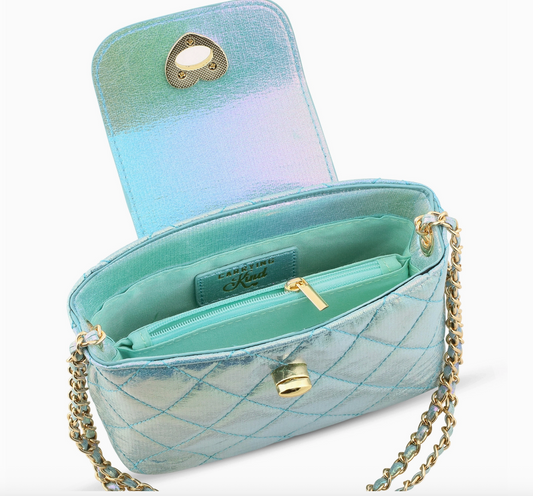 Girls Paige Bag in Aqua Metallic from Carrying Kind featuring a shiny, metallic aqua-colored design with a stylish handle and compact size.