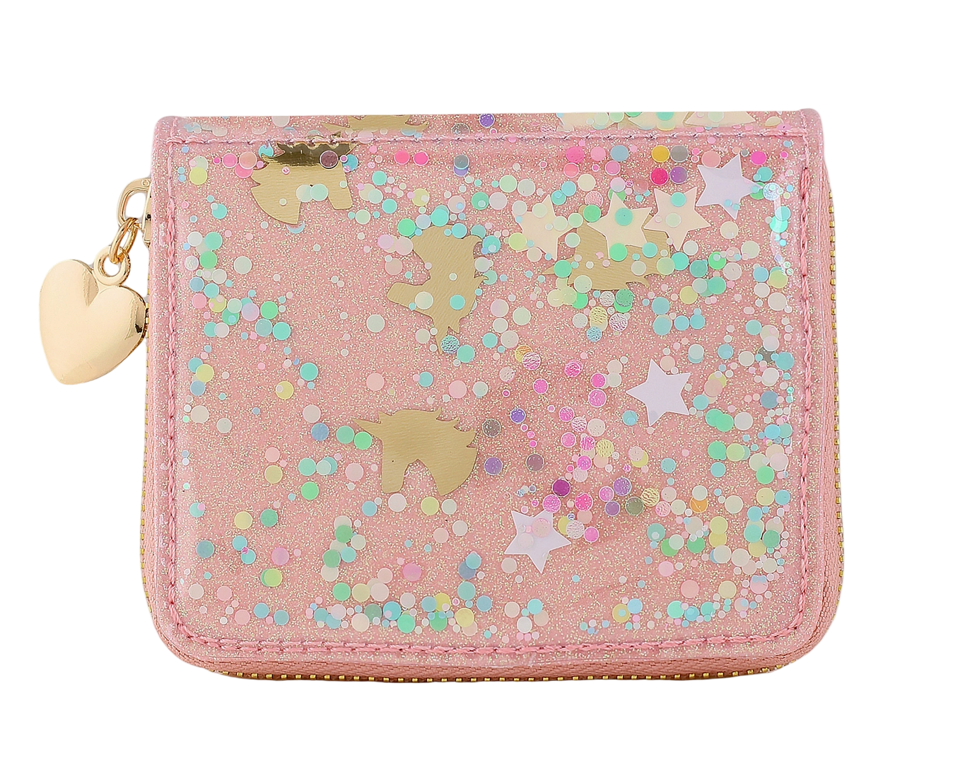 Carrying Kind unicorn confetti zip wallet with colorful confetti design and multiple card slots on a white background