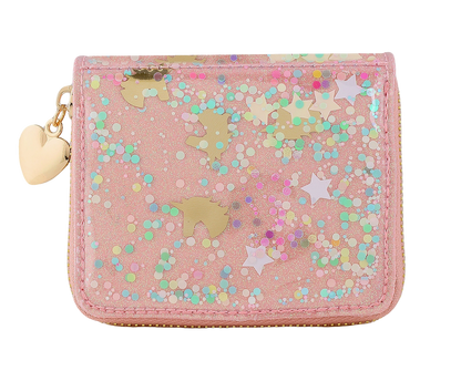 Carrying Kind unicorn confetti zip wallet with colorful confetti design and multiple card slots on a white background