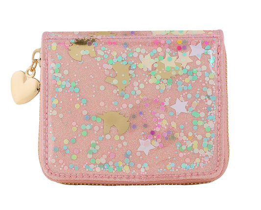 Carrying Kind unicorn confetti zip wallet with colorful confetti design and multiple card slots on a white background