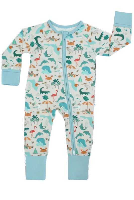 Baby pajamas by Emerson and Friends, Explore Florida souvenir bamboo convertible pajamas for infants aged 0-3 months.