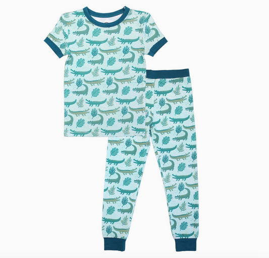 Kids' bamboo sleepwear set featuring an alligator print from Emerson and Friends, comfortable pajamas for children.