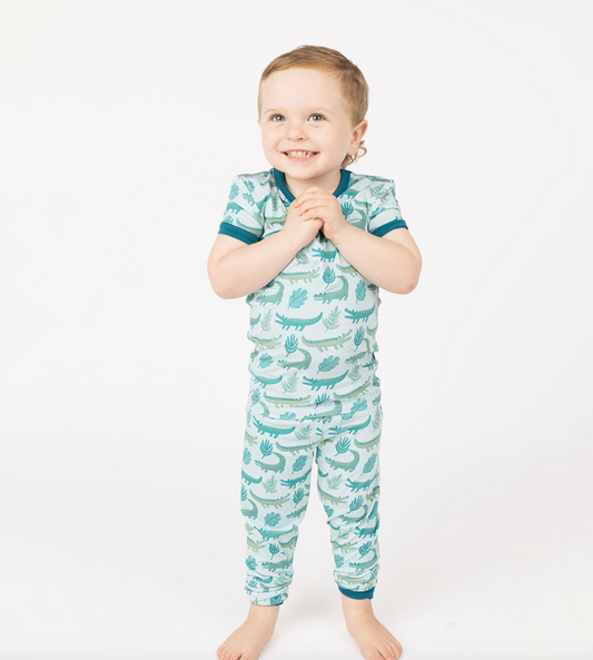 Emerson and Friends Later Gator kids bamboo pajamas sleepwear set featuring a playful alligator print and soft, comfortable fabric.