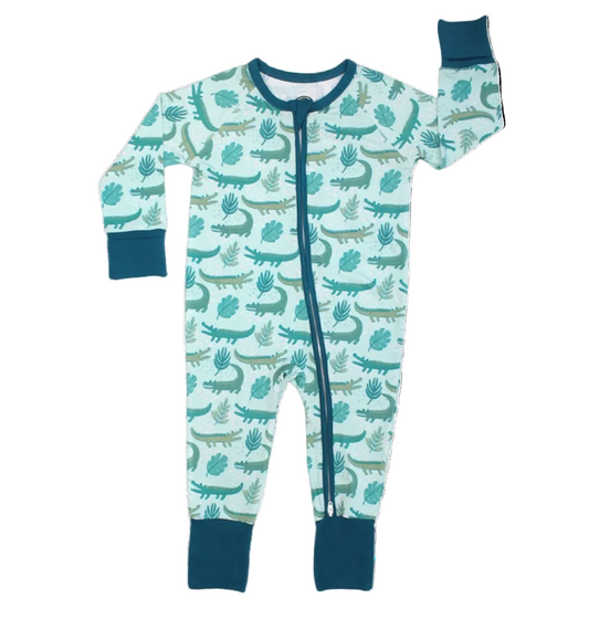 Emerson and Friends Later Gator Alligator bamboo convertible pajamas for 3-6 months, featuring green alligator print and soft fabric.