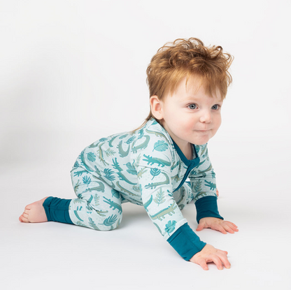 Emerson and Friends Later Gator Alligator bamboo convertible pajamas for infants, featuring a cute alligator design and soft fabric.
