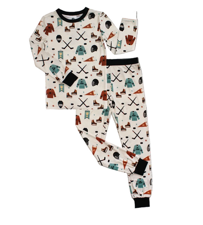 Emerson and Friends Hat Trick Hockey print bamboo pajamas set featuring a playful hockey design and soft, comfortable fabric.