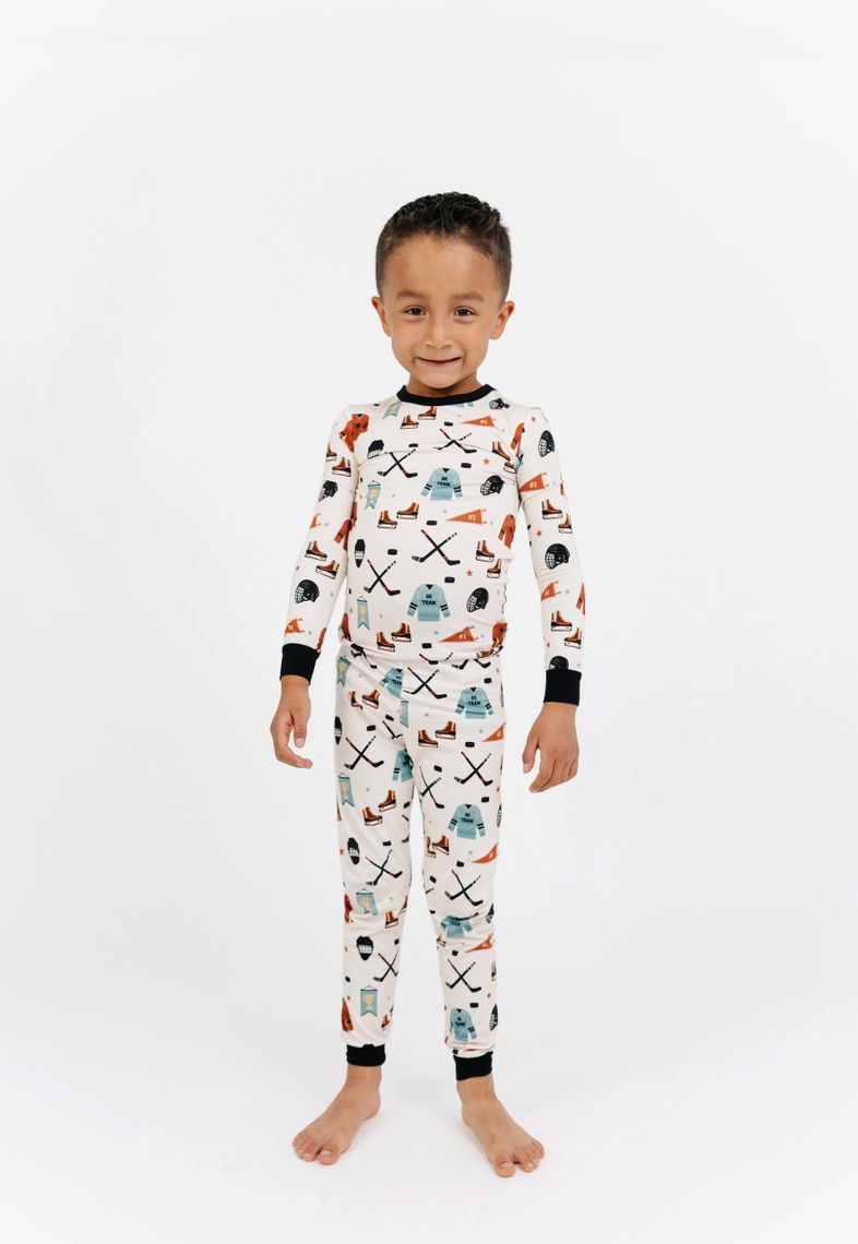 Emerson and Friends Hat Trick Hockey print bamboo pajamas set featuring a comfortable, soft fabric and hockey-themed design.