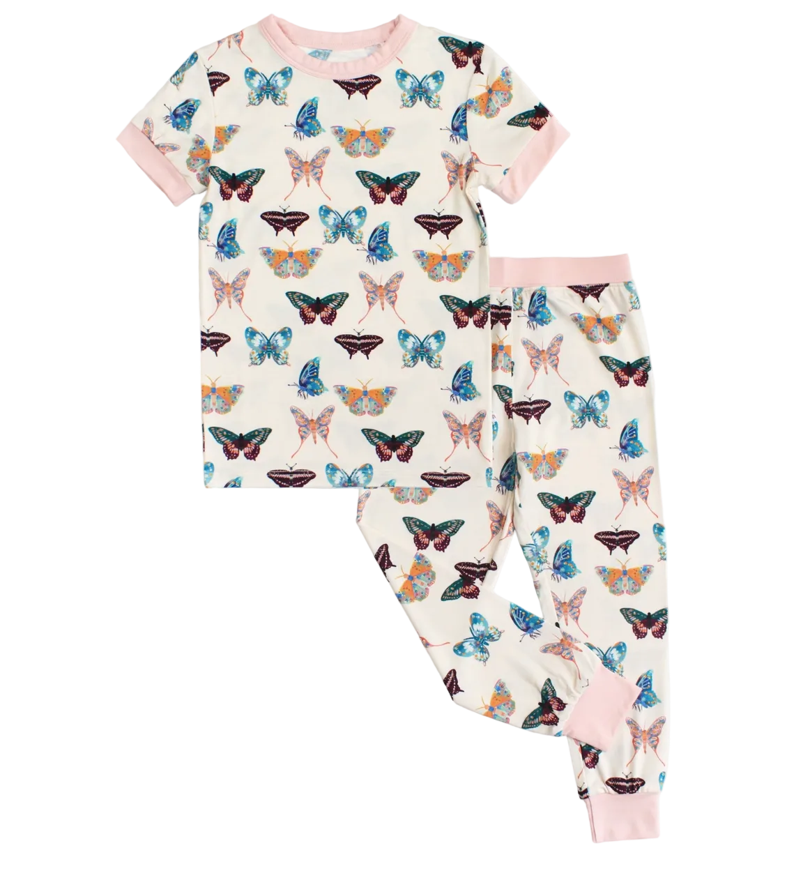Emerson and Friends Wings of Paradise butterflies two-piece bamboo kids pajama set with short sleeves and pants, colorful butterfly print.