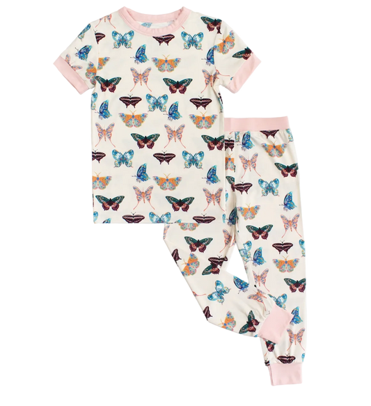 Emerson and Friends Wings of Paradise butterflies two-piece bamboo kids pajama set with short sleeves and pants featuring colorful butterfly prints.