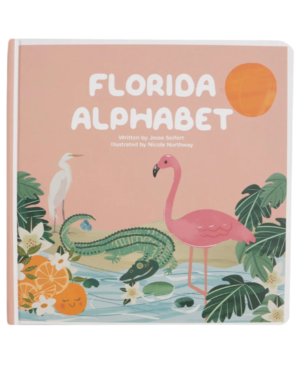 Florida Alphabet Board Book by Emerson and Friends showing colorful pages with Florida-themed letters and illustrations for children.