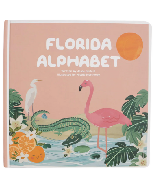 Florida Alphabet Board Book by Emerson and Friends showing colorful pages with Florida-themed letters and illustrations for children.