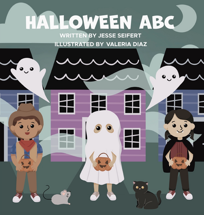 Halloween ABC trick-or-treat alphabet board book by Emerson and Friends, featuring colorful letters and festive Halloween illustrations.