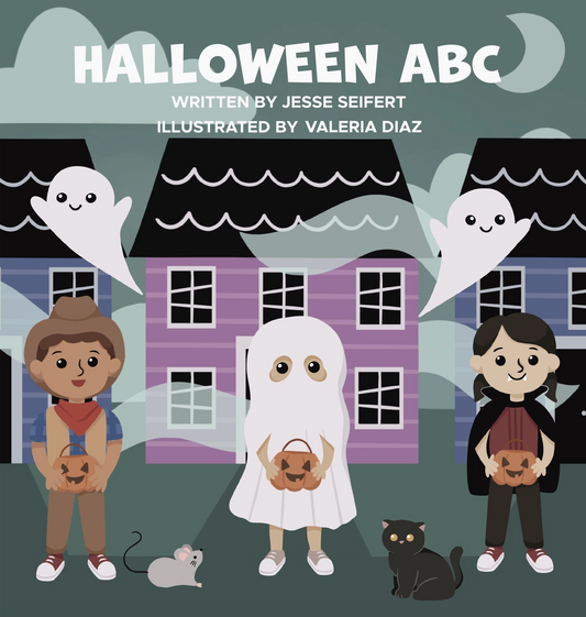 Halloween ABC trick-or-treat alphabet board book by Emerson and Friends, featuring colorful letters and festive Halloween illustrations.