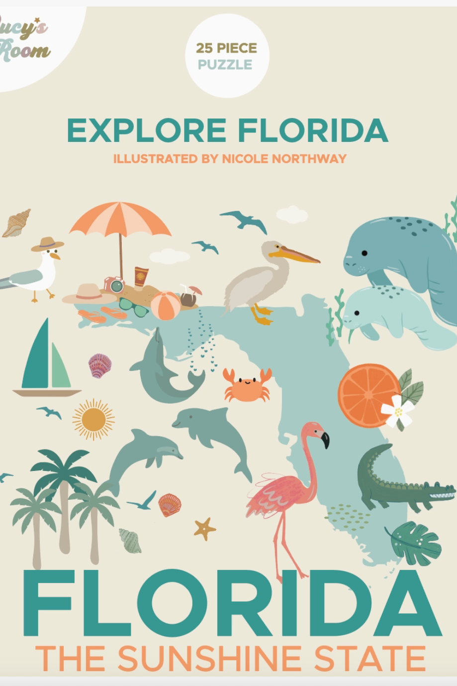 Kids Florida puzzle by Emerson and Friends featuring colorful Florida map pieces and playful illustrations.