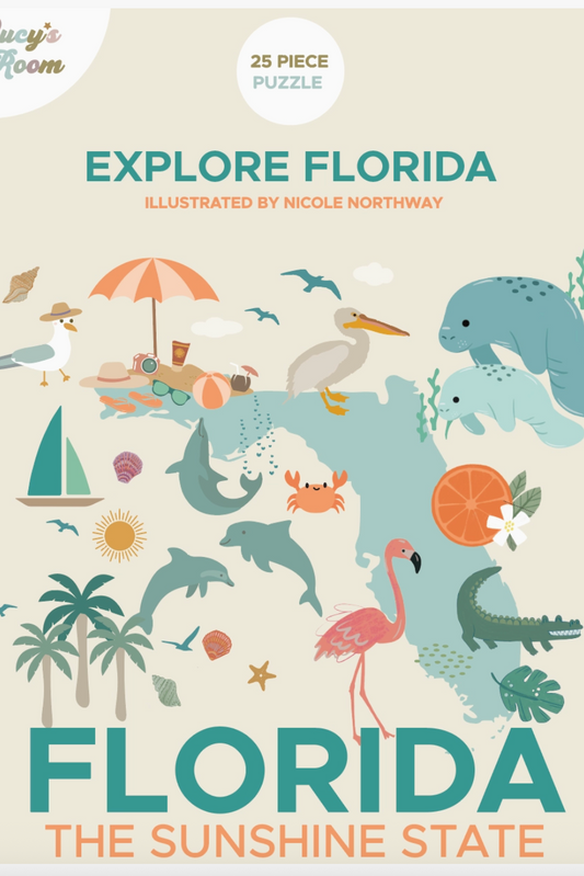 Kids Florida puzzle by Emerson and Friends featuring colorful Florida map pieces and playful illustrations.