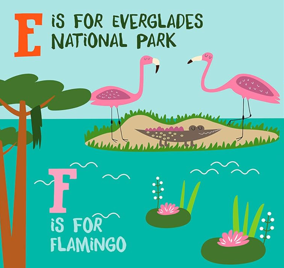 Screenshot of "F is for Florida" kids educational book by Familius, LLC, showing colorful alphabet pages for early learning.