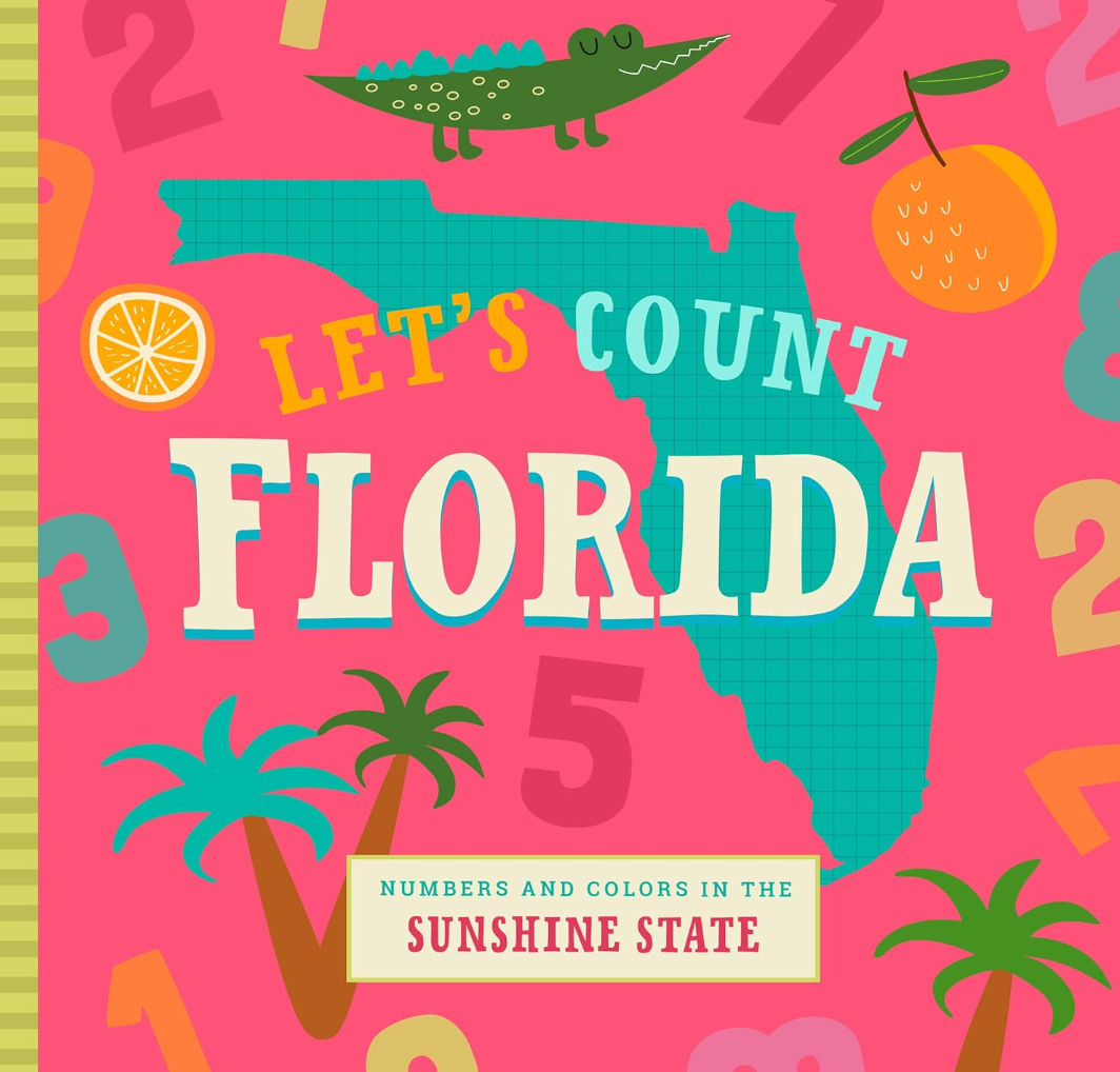 Screenshot of Let's Count Florida educational kids book by Familius LLC, showcasing colorful pages with numbers and Florida-themed illustrations.