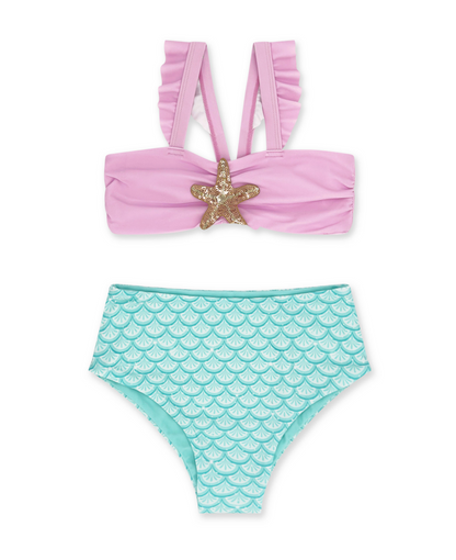 Girls Sea Star Bikini by Feather 4 Arrow featuring a colorful starfish pattern on a vibrant swimsuit.