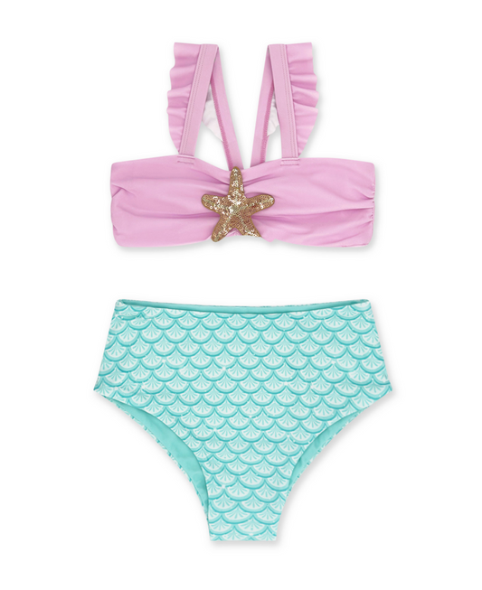 Girls Sea Star Bikini by Feather 4 Arrow featuring a colorful starfish pattern on a vibrant swimsuit.