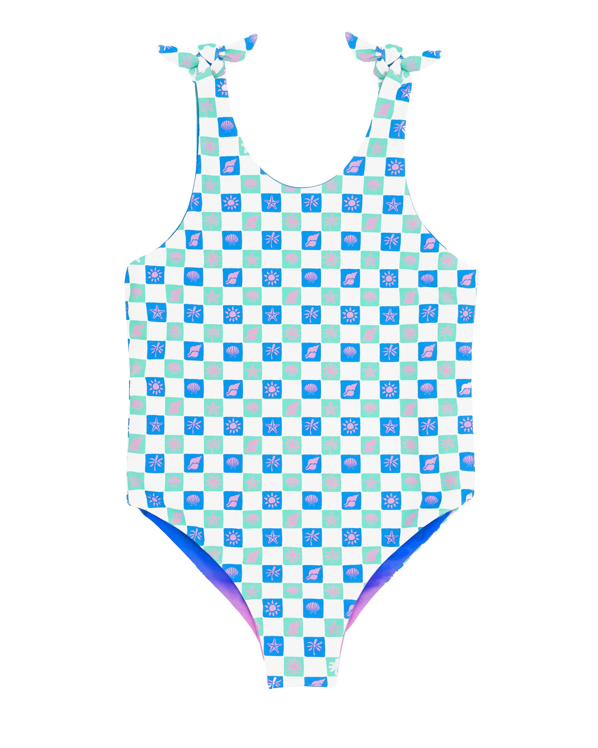 Feather 4 Arrow Skye reversible one-piece swimsuit showing both patterned and solid sides on a mannequin.