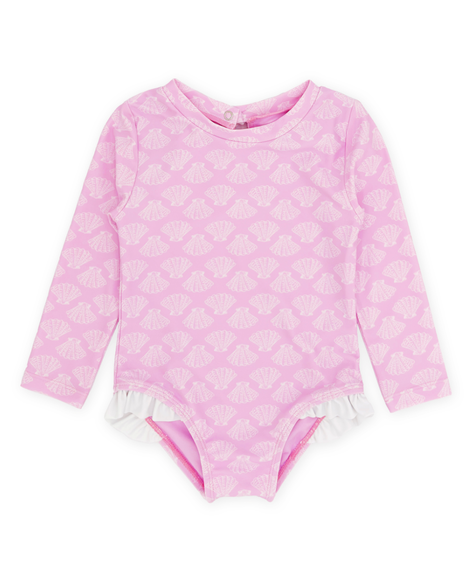 Girls long sleeve one-piece swimsuit by Feather 4 Arrow in pop pink with shell print, designed for 6-12 months.