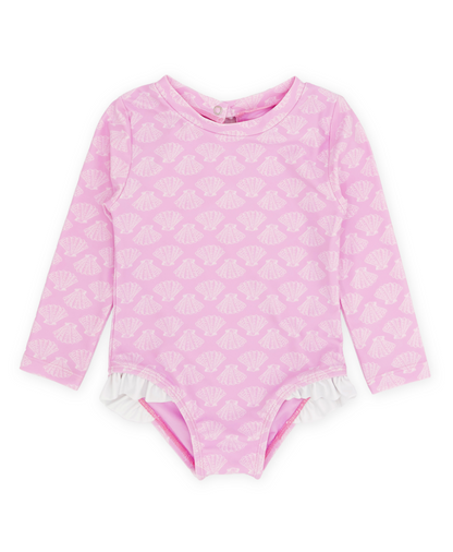 Girls long sleeve one-piece swimsuit by Feather 4 Arrow in pop pink with shell print, designed for 6-12 months.