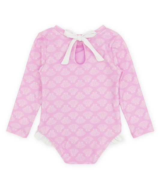 Girls long sleeve one-piece swimsuit by Feather 4 Arrow with a pop pink shell print, suitable for swimming and beachwear.
