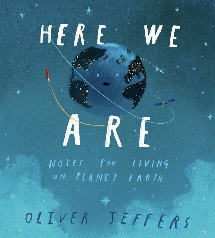 Hardcover book titled "Here We Are: Notes from Living on Planet Earth" by Flora Ottimer, featuring colorful cover art.