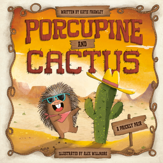 Signed and inscribed Flora Ottimer artwork featuring a porcupine and cactus by Katie Frawley, showcasing vibrant watercolor illustrations.