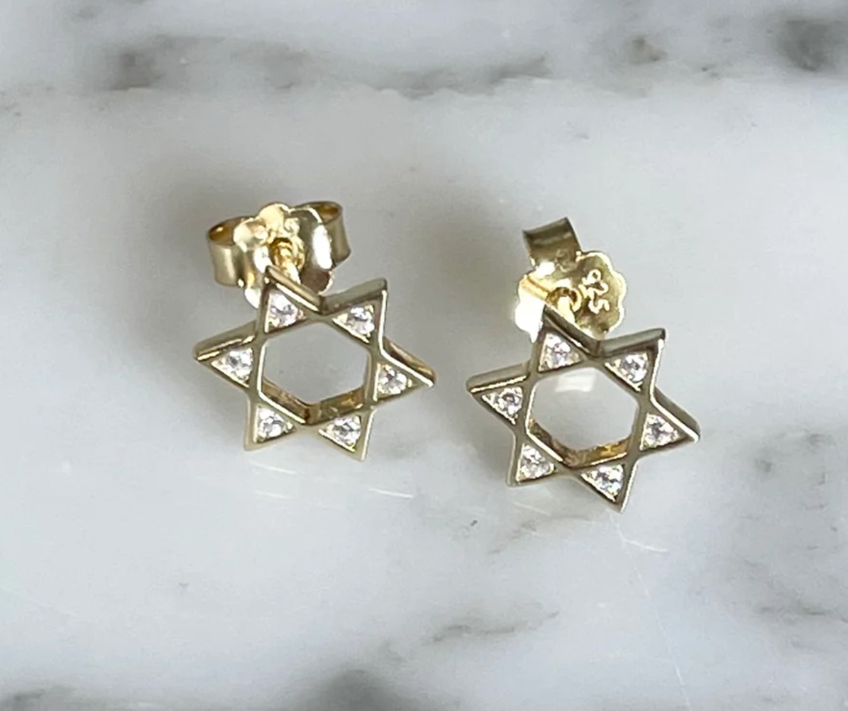 Sterling silver Star of David earrings by Flora Ottimer, featuring detailed Jewish symbol design for pierced ears