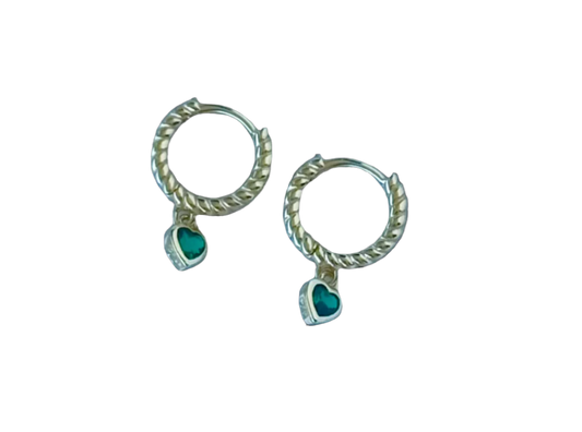 Gold kids dangle heart hoop earring with emerald accent, crafted by Jack and Jewelz, featuring a delicate and charming design.