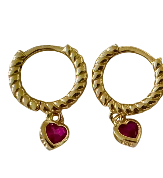 Gold kids dangle heart hoop earrings with ruby accents from Jack and Jewelz, featuring playful and stylish jewelry for children.