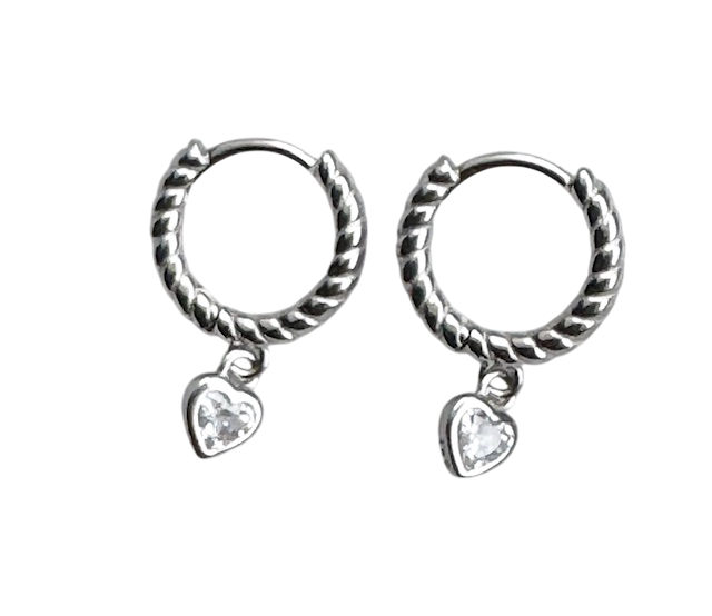 Silver kids dangle heart hoop earring with diamond CZ from Jack and Jewelz, featuring a cute heart design and sparkling stones.