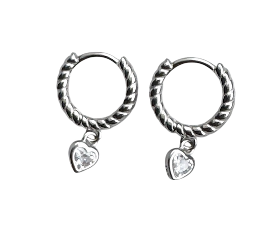 Silver kids dangle heart hoop earrings with diamond CZ accents from Jack and Jewelz, featuring a delicate hoop design with heart detail.