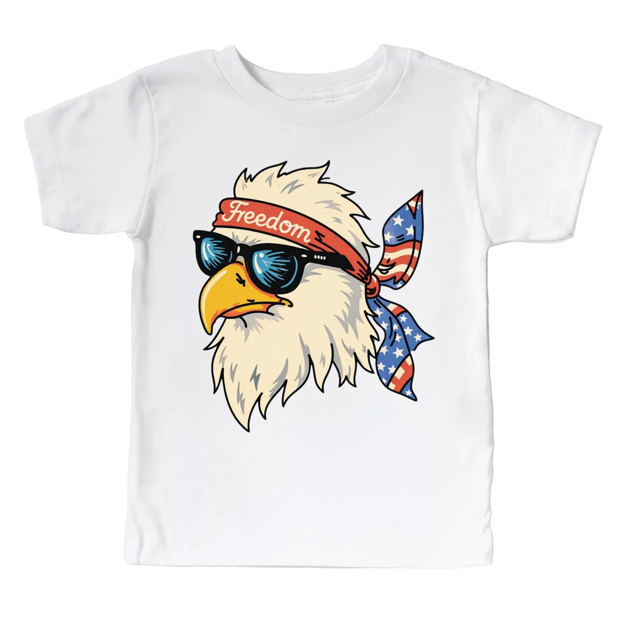 Kids patriotic eagle Freedom T-shirt by Mad Mooshi featuring a bold eagle design and American flag elements on soft cotton fabric.
