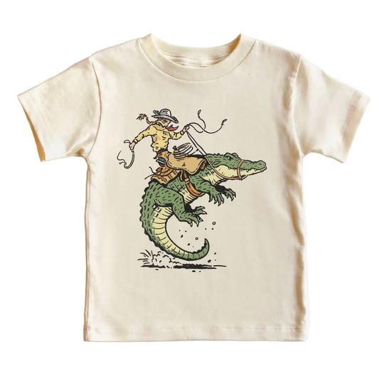 Kids Western cowboy alligator T-shirt by Mad Mooshi featuring a fun alligator graphic and western-style design for children.