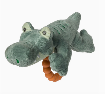 Mary Meyer baby alligator teether rattle with soft fabric body and plastic teething parts for gentle soothing and sensory play.