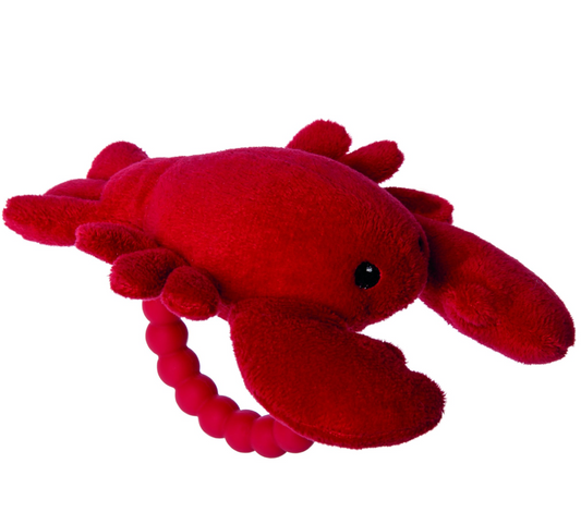 Mary Meyer Lobbie Lobster baby teether rattle with soft fabric and textured lobster shape for soothing and entertaining infants.