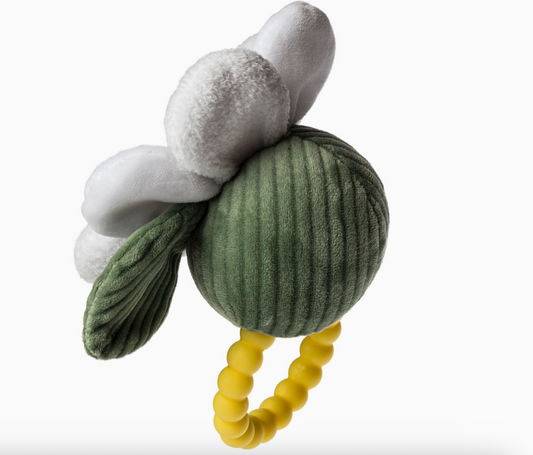 Mary Meyer Sweet Soothie Daisy Teether Rattle with soft fabric daisy shape and textured teething surface for infants.