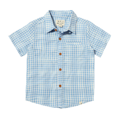 Boy wearing Me & Henry Newport woven plaid gauze shirt with long sleeves and a collar, casual boys' clothing for comfortable style.