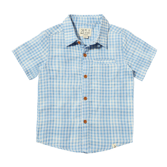 Boy wearing a Me & Henry Newport woven plaid gauze shirt with red and white checkered pattern, casual style, front view.