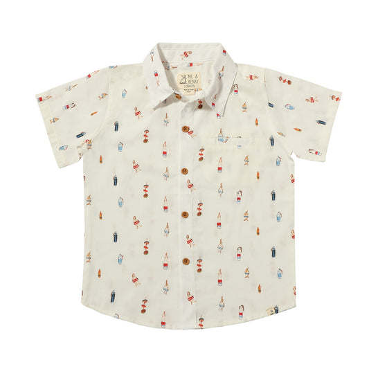 M&Henry Maui printed button-down shirt with vibrant tropical design, casual fit, lightweight fabric for warm weather wear.