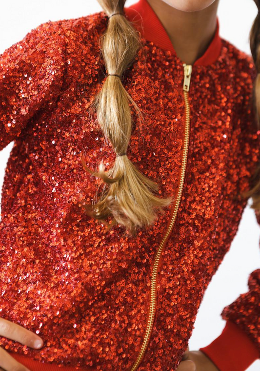 Shiny red sequin jacket by Mila and Rose with long sleeves and a tailored fit, perfect for festive occasions.