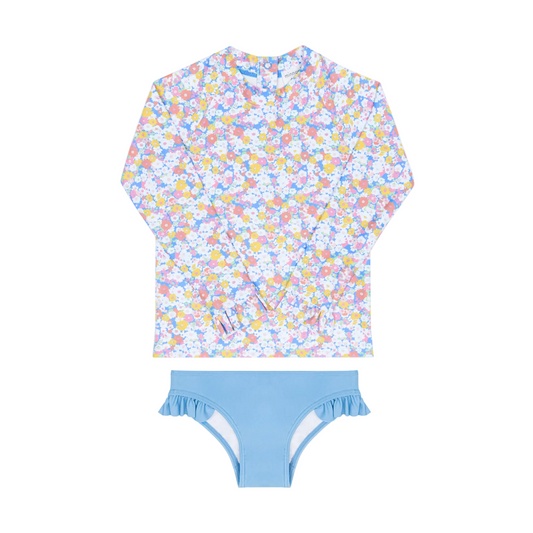 Girls Jasmine Blossom rashguard set by Minnow featuring a floral print top and matching bottoms for sun protection and active wear.