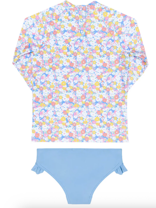 Girls Jasmine Blossom rashguard set by Minnow featuring a colorful floral print and long sleeves for sun protection and comfort.