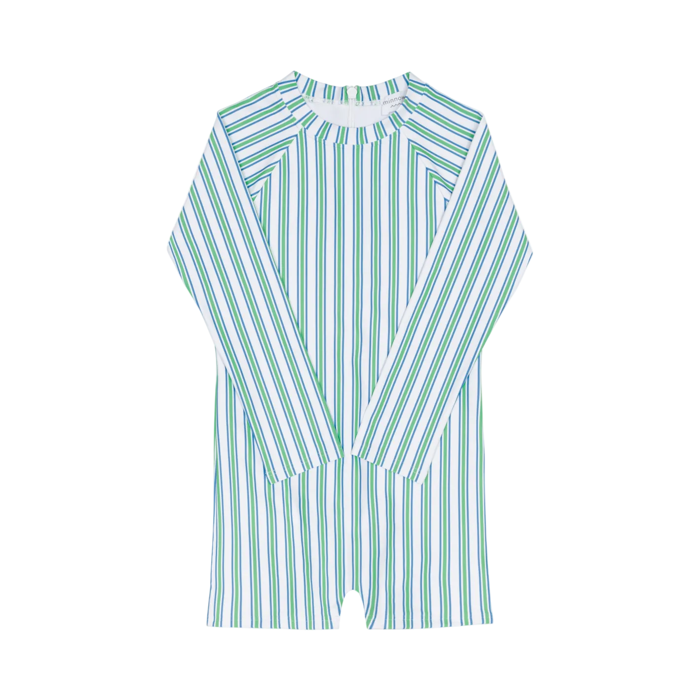 Unisex Tamarin Stripe Rasguard One Piece swimsuit by Minnow with white and blue stripes, featuring a snug fit and UV protection.