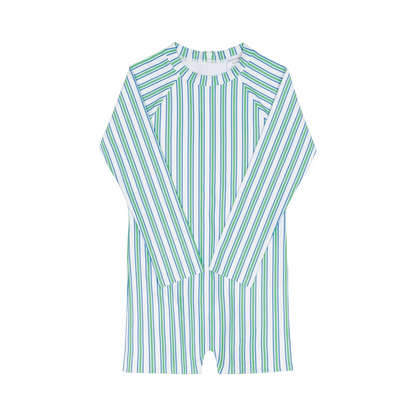 Unisex Tamarin Stripe Rasguard One Piece swimsuit by Minnow with white and blue stripes, featuring a snug fit and UV protection.