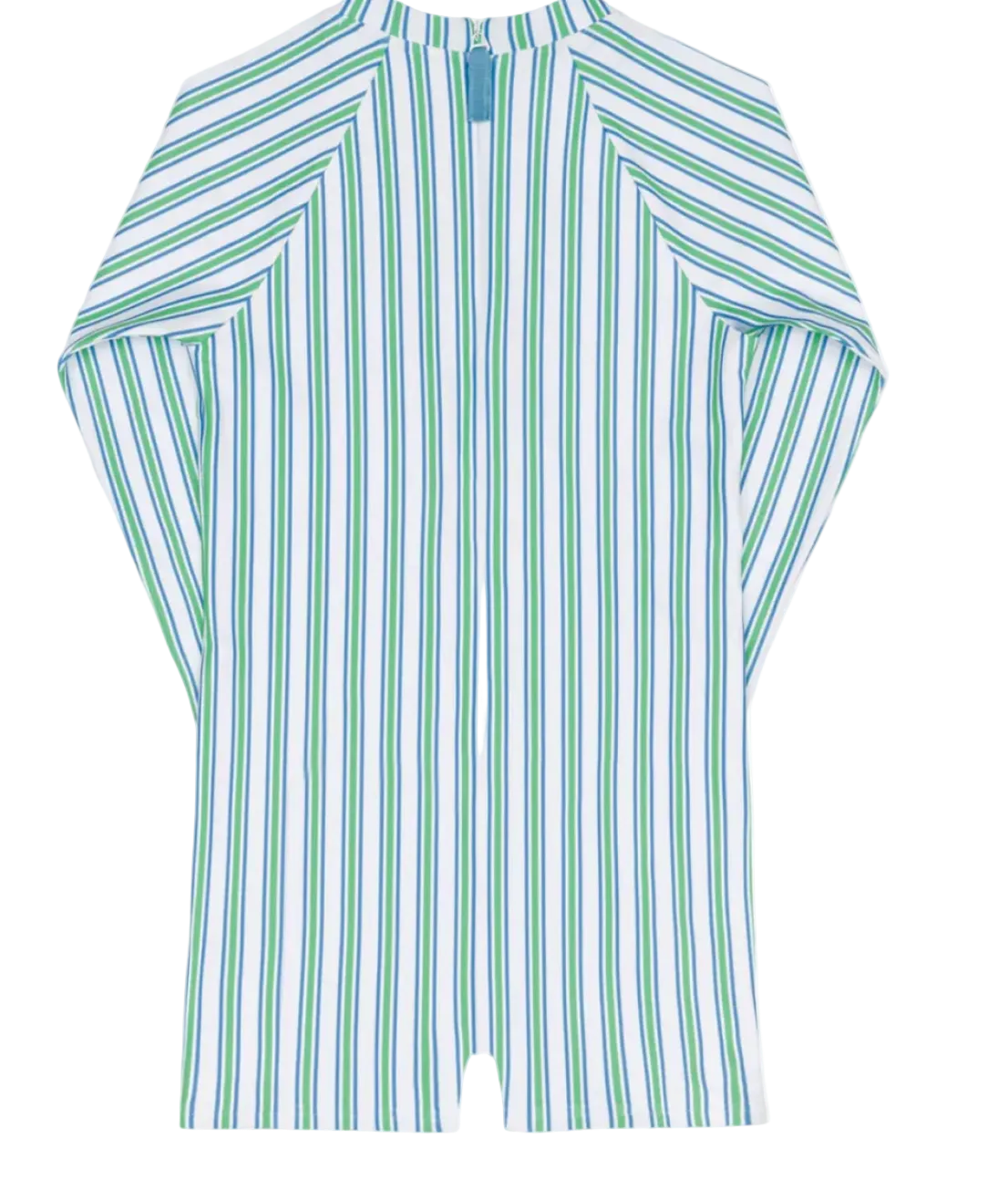 Unisex Tamarin Stripe Rasguard One Piece swimsuit by Minnow featuring a colorful striped pattern and full coverage.