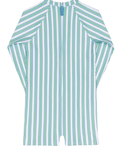 Unisex Tamarin Stripe Rasguard One Piece swimsuit by Minnow featuring a colorful striped pattern and full coverage.