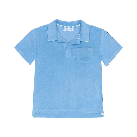 Boys' Minnow Le Marin blue French terry polo shirt with collar and short sleeves, displayed on a hanger.